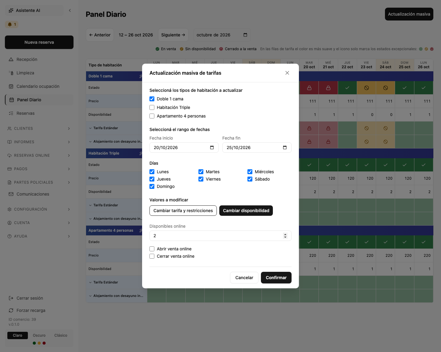 Formulario de actualización masiva con «Cambiar disponibilidad» activo: campo «Disponibles online» y las opciones abrir o cerrar venta online